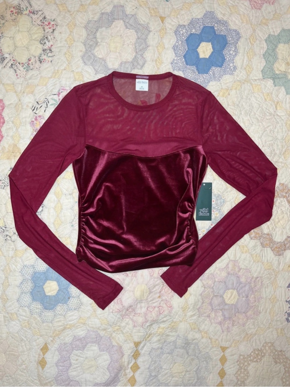 wild fable Burgundy Velvet & Mesh Long-Sleeve Top